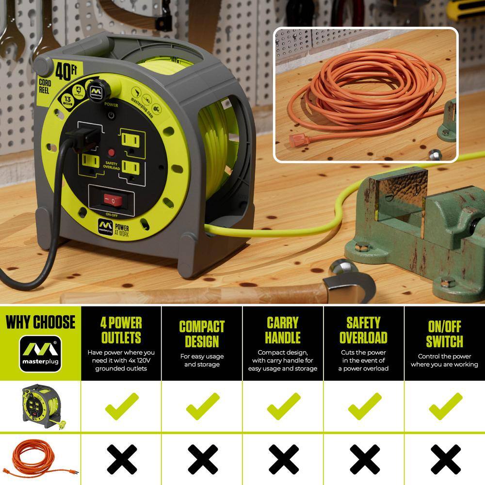 40ft Gray and Yellow PVC Extension Cord Reel with 4 Outlets