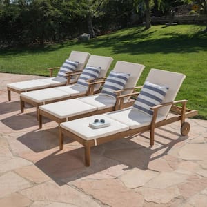 Teak Brown 4-Piece Wood Outdoor Patio Chaise Lounge Set with Beige Cushions
