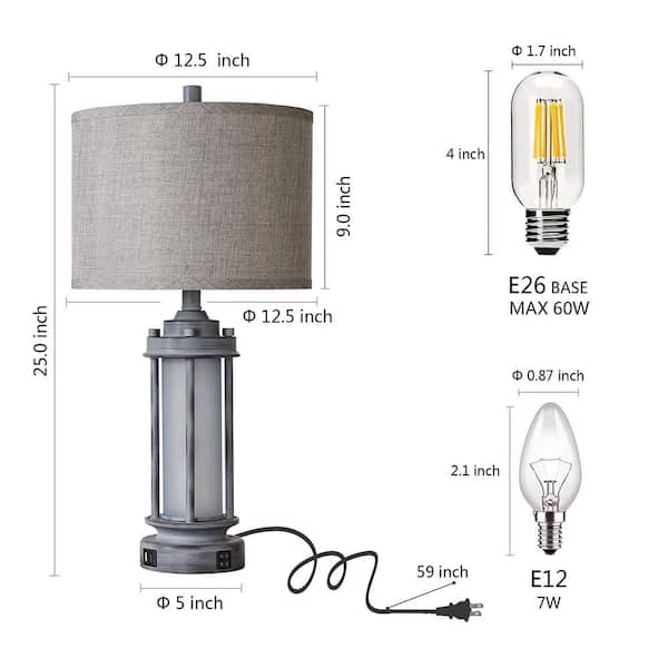 25 in. Gray Rustic Vintage Lantern Table Lamp with 2 Bulbs