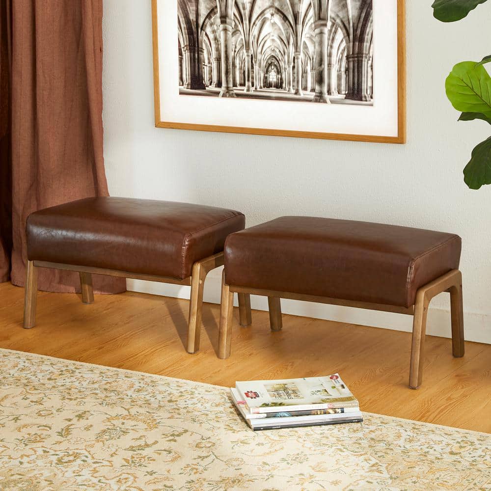 Mid-Century Brown Faux Leather and Rubberwood Accent Stools Set