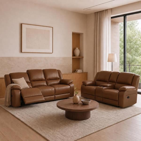 5-Piece 5-Seat Faux Leather Manual Recliner Sofa Set with Flip-Top Center Console & Footrest, Light Brown