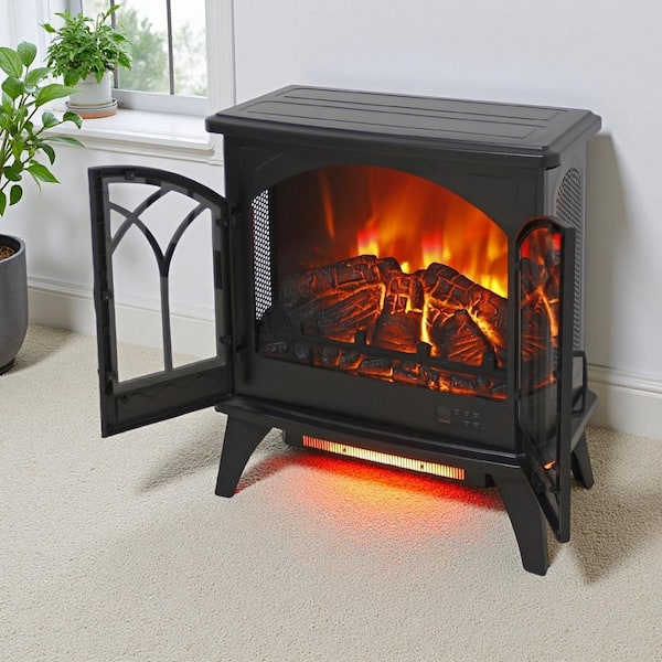 24 in. Freestanding Electric Fireplace Stove 400 sq. ft. with 3D Infrared, Remote Control, Black