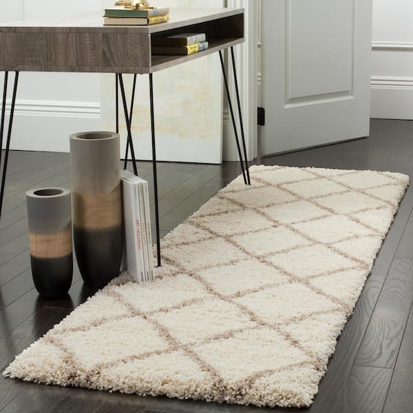 Hudson Shag Ivory/Beige 2 ft. x 12 ft. Geometric Runner Rug