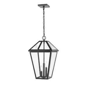3-Light Black Outdoor Pendant Light with Clear Beveled Glass Shade