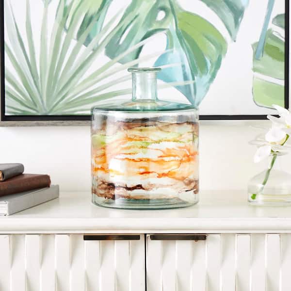 Litton Lane Clear Abstract Spanish Bottle Recycled Glass Decorative Vase with Swirled Colored Glass Bands