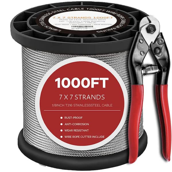 KIWDZFU 5.91 in. H x 8.27 in. W Silver T316 1000 ft. Stainless Steel Cable Kit with Cutter, 1/8 in. DIY Wire, Stair Railing Kit