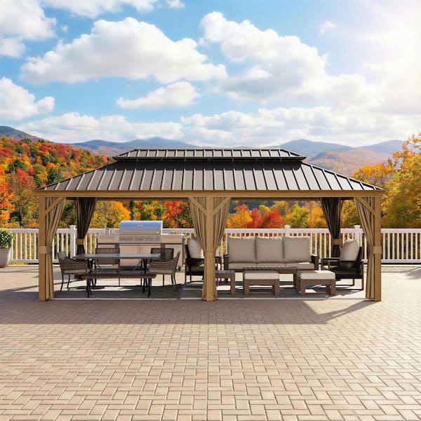22 ft. x 12 ft. Double Roof Hardtop Aluminum Patio Gazebo with Netting and Brown Curtains