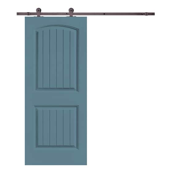 CALHOME Elegant Series 30 in. x 80 in. Dignity Blue Stained Composite MDF 2 Panel Camber Top Sliding Barn Door with Hardware Kit