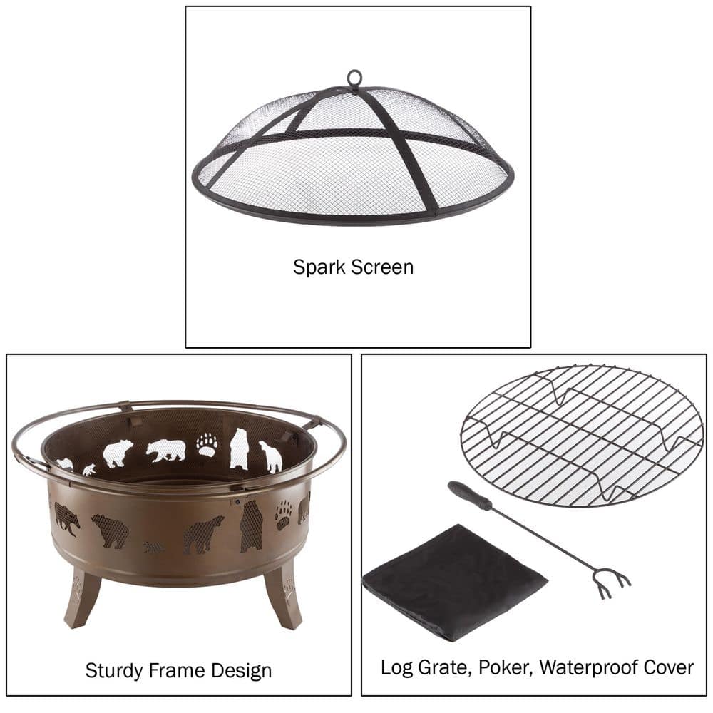 32-Inch Antique Gold Steel Wood Burning Fire Pit with Bear Cutouts