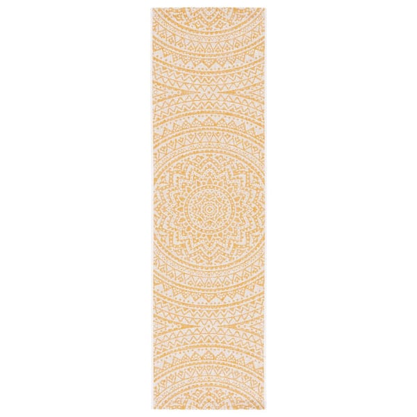 SAFAVIEH Courtyard Ivory/Gold 2 ft. x 8 ft. Medallion Indoor/Outdoor Runner Rug