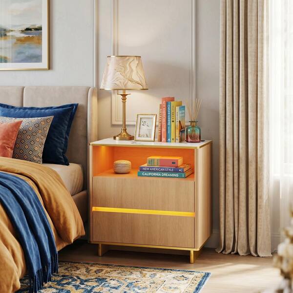 FUFU&GAGA Yellow Wood Grain 2-Drawer 27.6 in. W Bedroom Nightstand