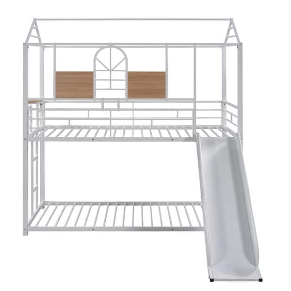 ANBAZAR Twin Metal Bunk Bed, Metal Housebed with Slide White FF53-K ...