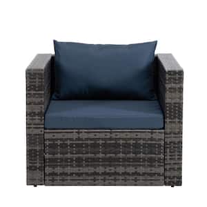 5-Piece Grey Rattan Wicker Patio Conversation Set Outdoor Sectional Sofa Set with Dark Blue Cushions