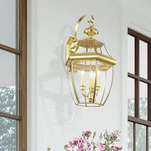 Aston 22.5 in. 3-Light Polished Brass Outdoor Hardwired Wall Lantern Sconce with No Bulbs Included