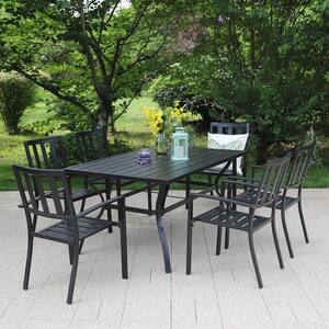 Black 7-Piece Metal Outdoor Patio Dining Set with Slat Rectangle Table and Modern Stackable Chairs