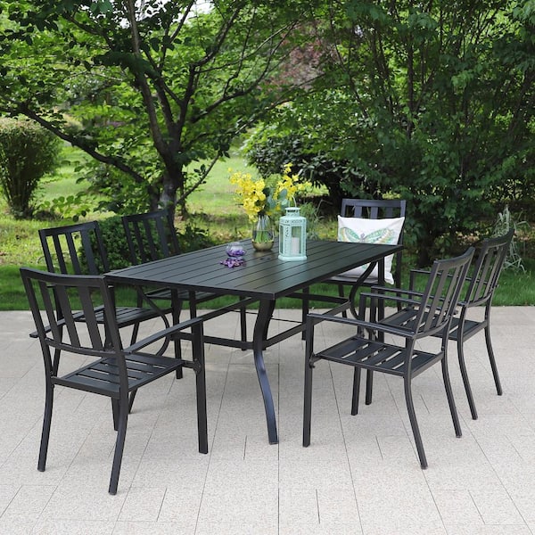 7 Piece Metal Outdoor Patio Dining Set, Outdoor Patio Dining Set With Stackable Chairs