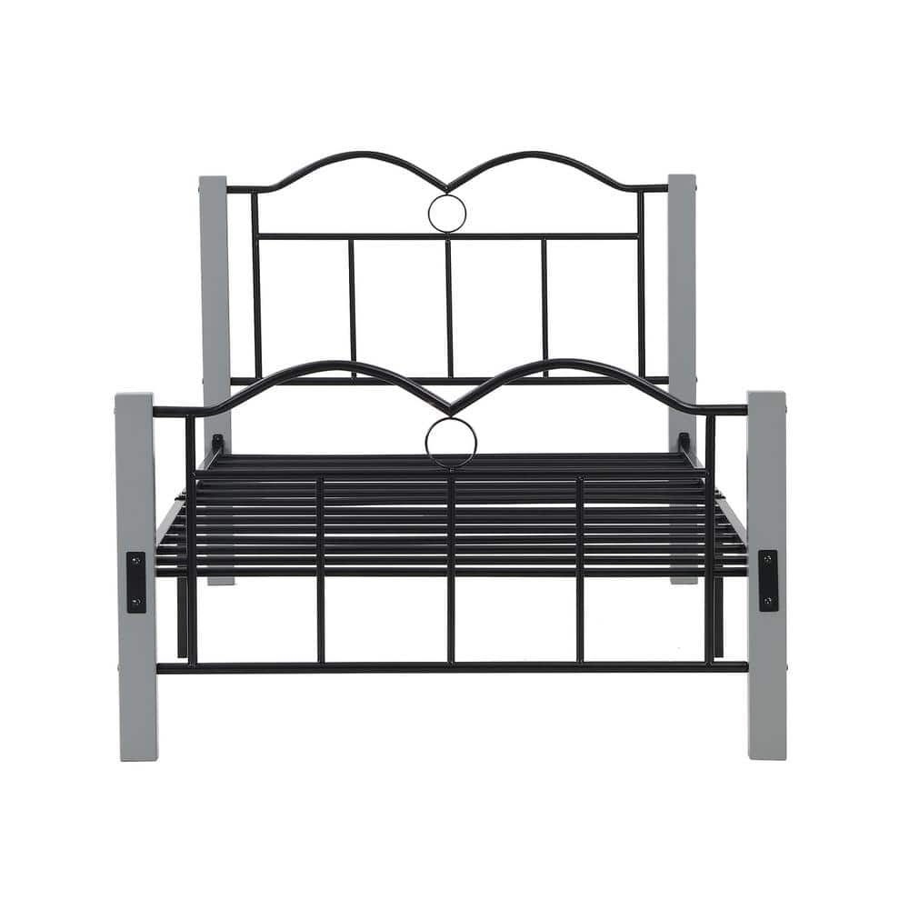 Gray Twin Size Bed Frame Supported by Metal Slats