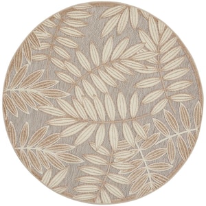 Aloha Natural 5 ft. Round Floral Modern Indoor/Outdoor Patio Area Rug