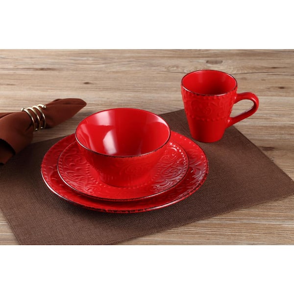 Lorren Home Trends 16-Piece Stoneware Scroll Dinnerware Set-Red