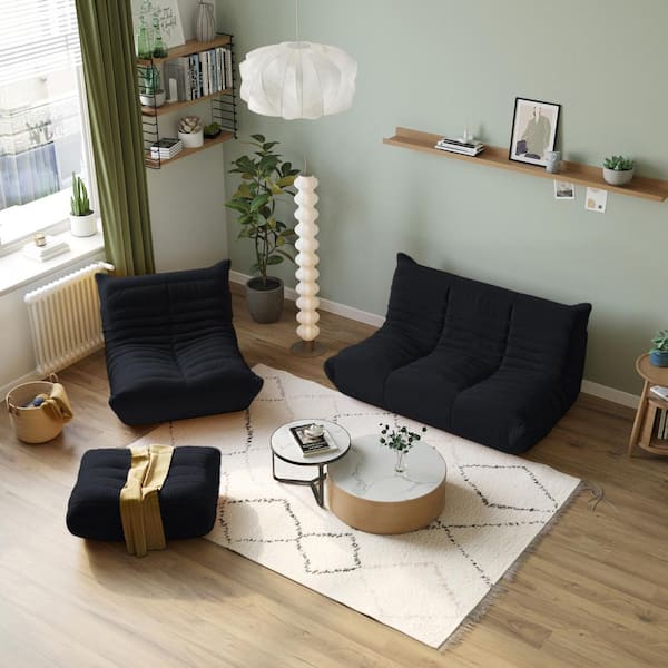 J&E Home 68.93 in. W Armless Teddy Velvet 3-piece Modular Lazy Floor Free combination Sectional Sofa with Ottoman in Black