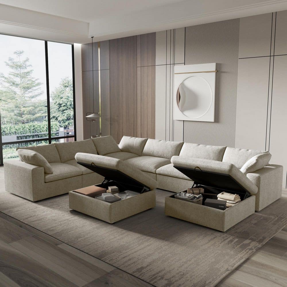 157.2 in. Oversized Square Arm Linen Modular 8-piece Down Free Combination Sectional Sofa with Storage Ottomans in Khaki