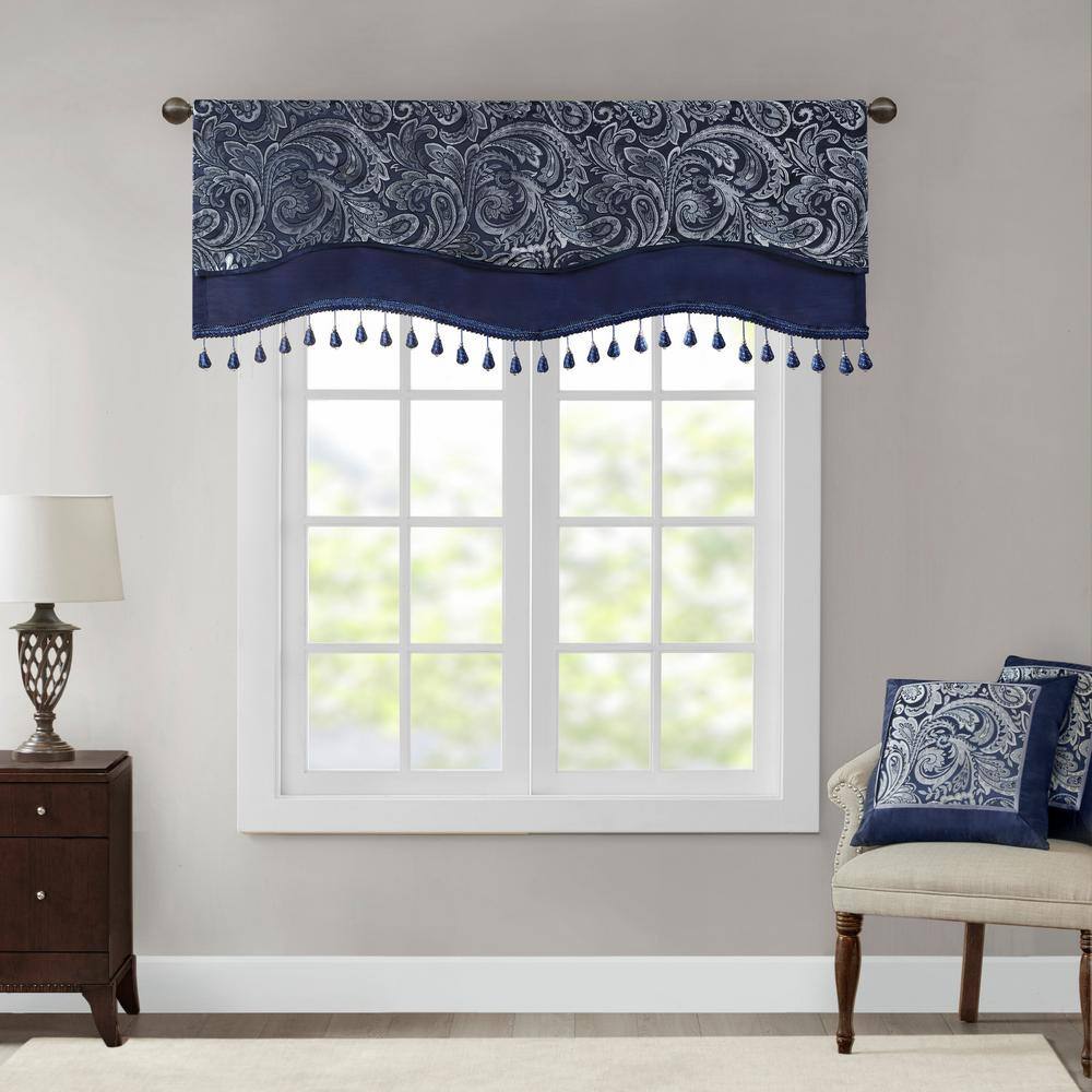 Navy Faux Silk Jacquard Beaded Window Valance