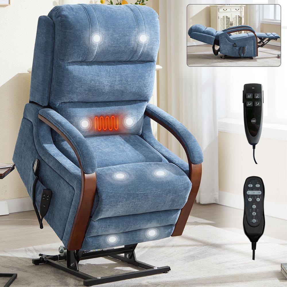 Blue Ergonomic Dual Motor Chenille Power Lift Recliner with Solid Wood Armr