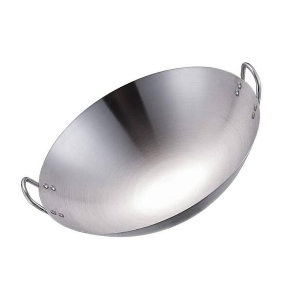 28cm Double Handle Stainless Steel Wok Fry Pan Round Bottom Stewpot Skillet for Gas & Electric Cooktops