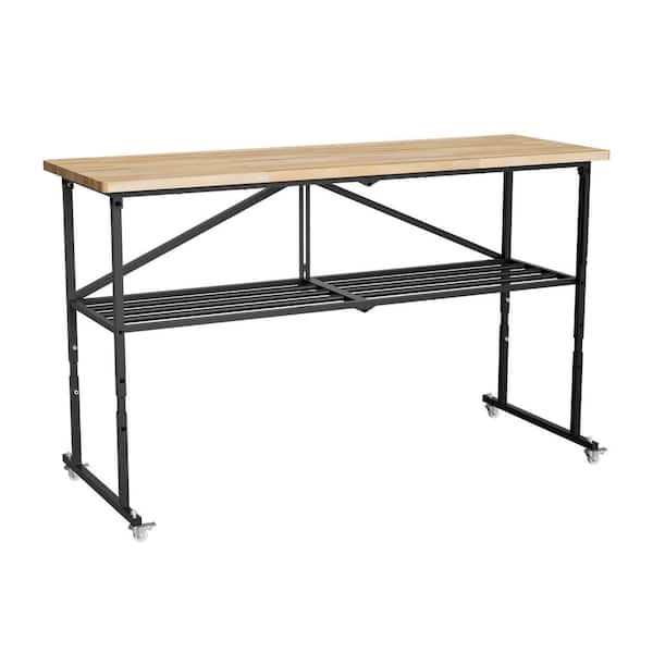 68.5 in. W x 21.6 in. D Portable Collapse Natural Workbench Table with 1.5 in. Solid Wood Top, Steel Frame and Casters