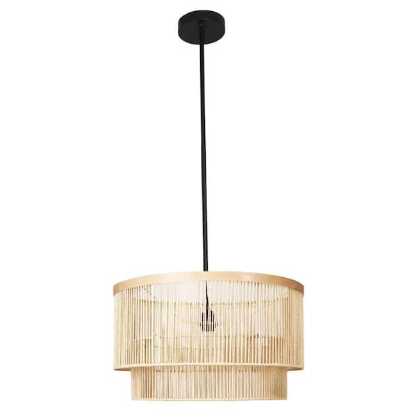 Uixe 21.5 in. 1-Light Rattan Wicker Drum Boho Pendant Light Chandelier Light Hand Woven Shade Yellow