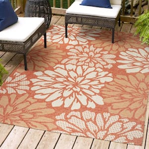 Zinnia Modern Floral Textured Weave Orange/Cream 3 ft. x 5 ft. Indoor/Outdoor Area Rug