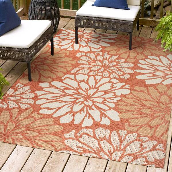 JONATHAN Y Zinnia Modern Floral Textured Weave Orange/Cream 4 ft. x 6 ft. Indoor/Outdoor Area Rug
