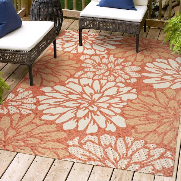 JONATHAN Y Zinnia Modern Floral Textured Weave Orange/Cream 9 ft. x 12 ft. Indoor/Outdoor Area Rug