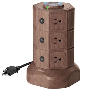 12-Outlet Power Strip Surge Protector Tower with 6 USB Ports and Wireless Manetic Charger in Deep Brown
