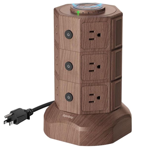 Etokfoks 12-Outlet Power Strip Surge Protector Tower with 6 USB Ports and Wireless Manetic Charger in Deep Brown