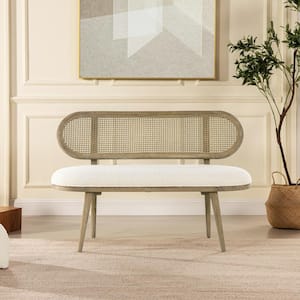 Havana 42 in. Ivory White Boucle Cane Rattan Upholstered 2-Seater Bench Settee
