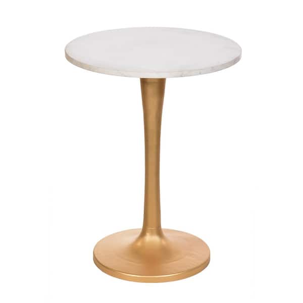 Unbranded Piuma 19 in. Round White and Antique Gold Marble Top Accent Table
