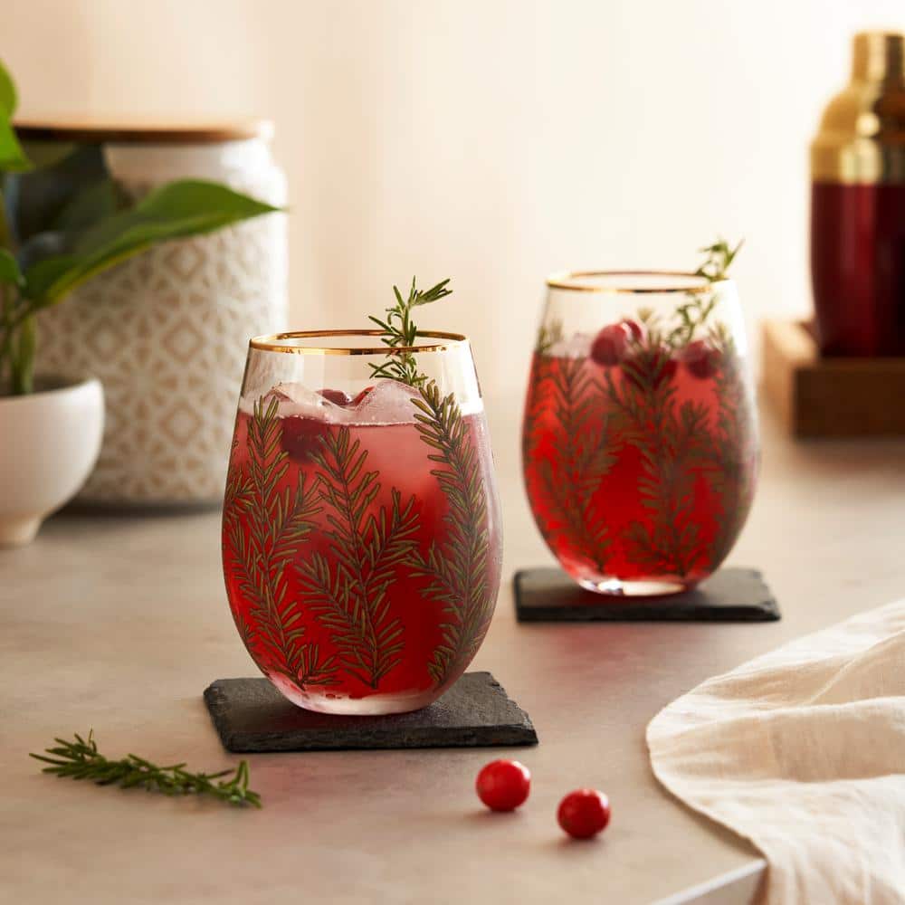 Winter Woodland Stemless Wine Glasses with Gold Rim, 16oz, Set of 2