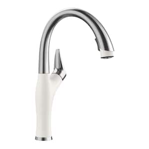 ARTONA Single Handle Gooseneck Kitchen Faucet with Pull-Down Sprayer in PVD Steel/White
