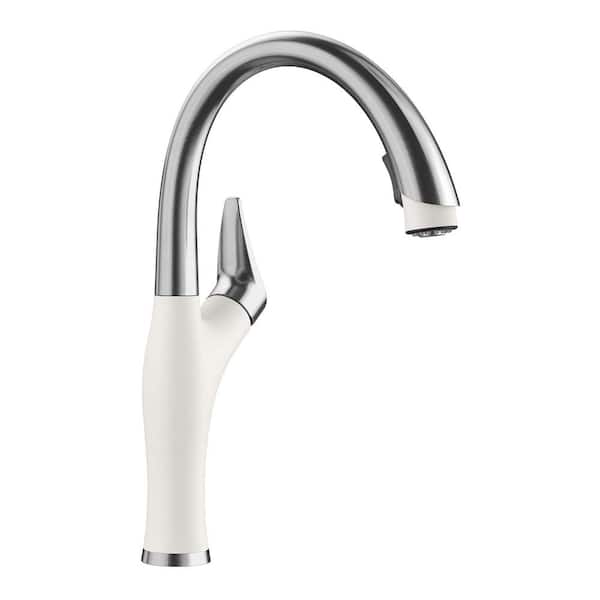 Blanco ARTONA Single Handle Gooseneck Kitchen Faucet with Pull-Down Sprayer in PVD Steel/White