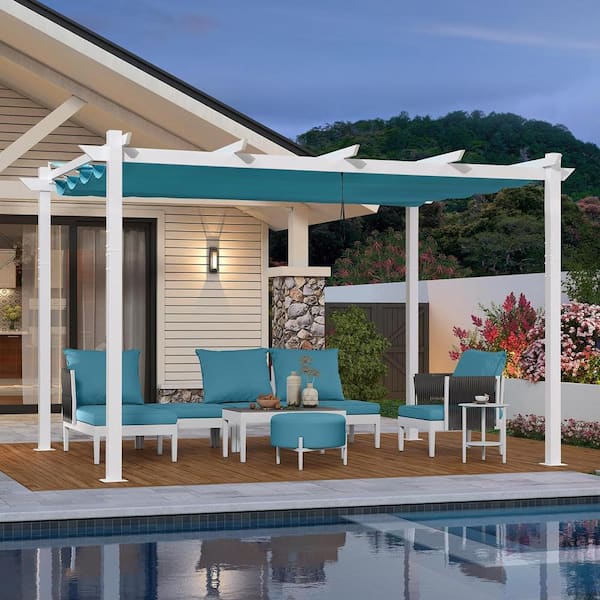 PURPLE LEAF 10 ft. x 13 ft. Blue Aluminum Outdoor Retractable White Frame Pergola with Sun Shade Canopy Cover
