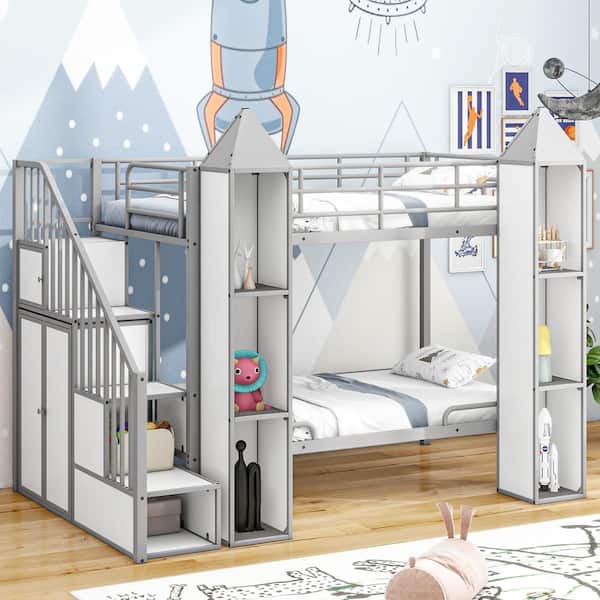 Harper & Bright Designs Castle Style Gray and White Twin over Twin Metal Bunk Bed with Storage Staircases, Wardrobe, Multiple Shelves