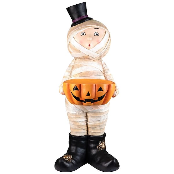 Mummy in Top Hat Holding Jack-O-Lantern Candy Dish Halloween Decoration - 23 in.