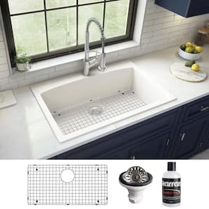 QT-712 Quartz/Granite 33 in. Single Bowl Top Mount Drop-In Kitchen Sink in White with Bottom Grid and Strainer