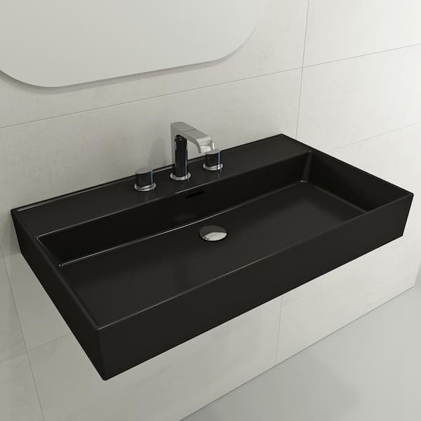 Milano Wall-Mounted Matte Black Fireclay Rectangular Bathroom Sink 32 in. 3-Hole with Overflow