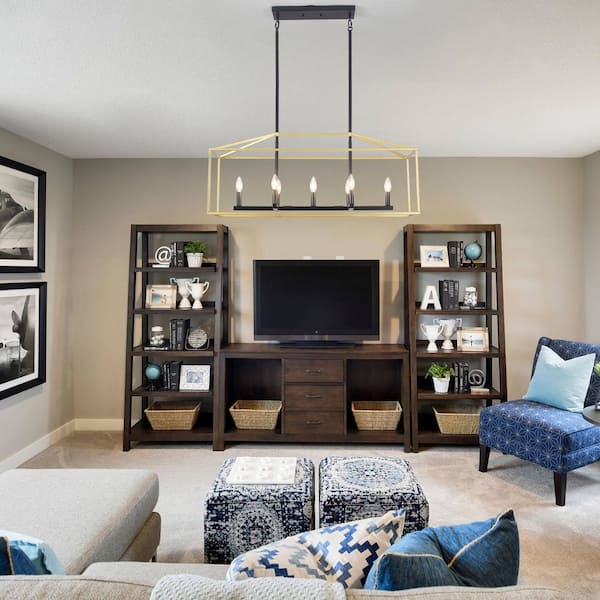 7-Light Farmhouse Black and Gold Hanging Linear Island Chandelier Lighting for Kitchen Island