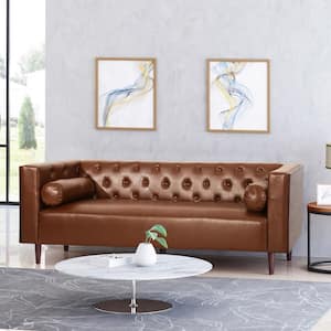 Faraway 90 in. Cognac Brown Solid Faux Leather 3-Seat Tuxedo Sofa
