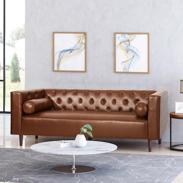 Noble House Faraway 90 in. Cognac Brown Solid Faux Leather 3-Seat Tuxedo Sofa