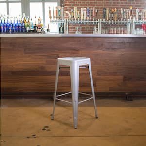 30 in. Silver Metal, Backless, Stackable Bar Stool (Set of 3)