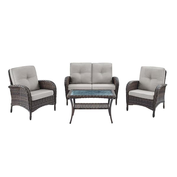 Brown 4-Piece Wicker Outdoor Loveseat Set Patio Rattan Loveseat 2 Lounge Chairs and Coffee Table with Beige Cushions